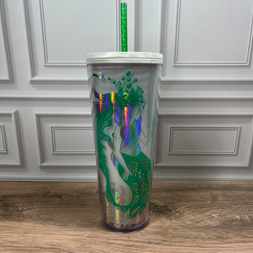 Starbucks Tumbler Cold Cup 24oz Clear Green Mermaid Siren Iridescent 2021